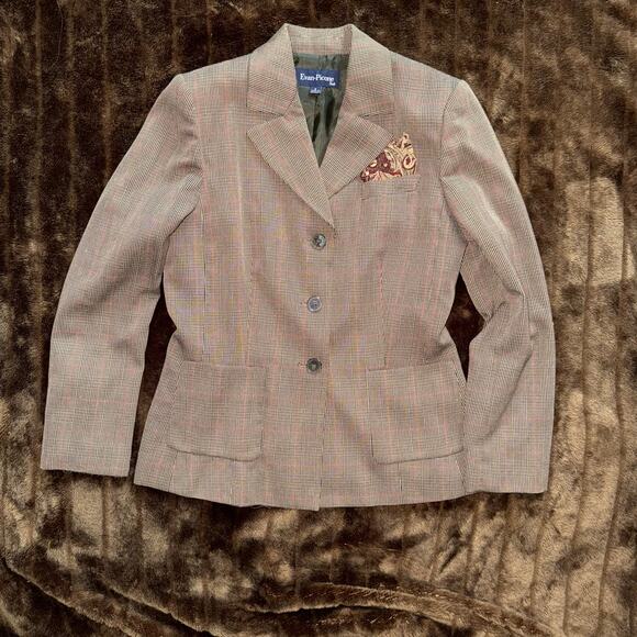 VTG Awesome Fall Look Evan Picone Glen Plaid Blazer w Paisley Hanky MINT - Picture 1 of 7